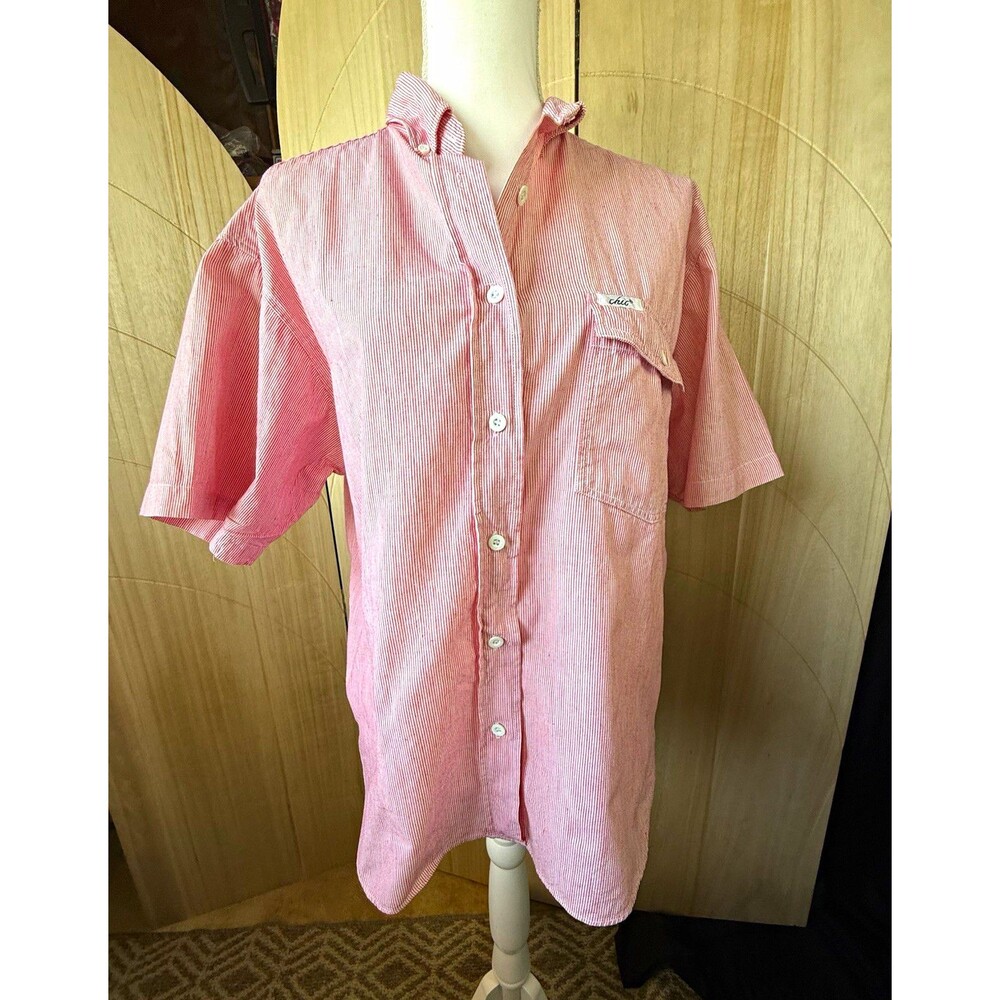 Vintage 90s Chic Red & White Micro Stripe Short Sleeve Button Down M Preppy